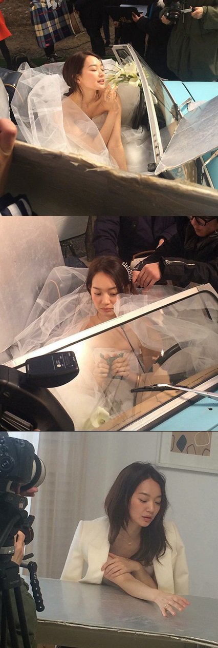 Sin Min-ah spotted in wedding dress during commercial shoot